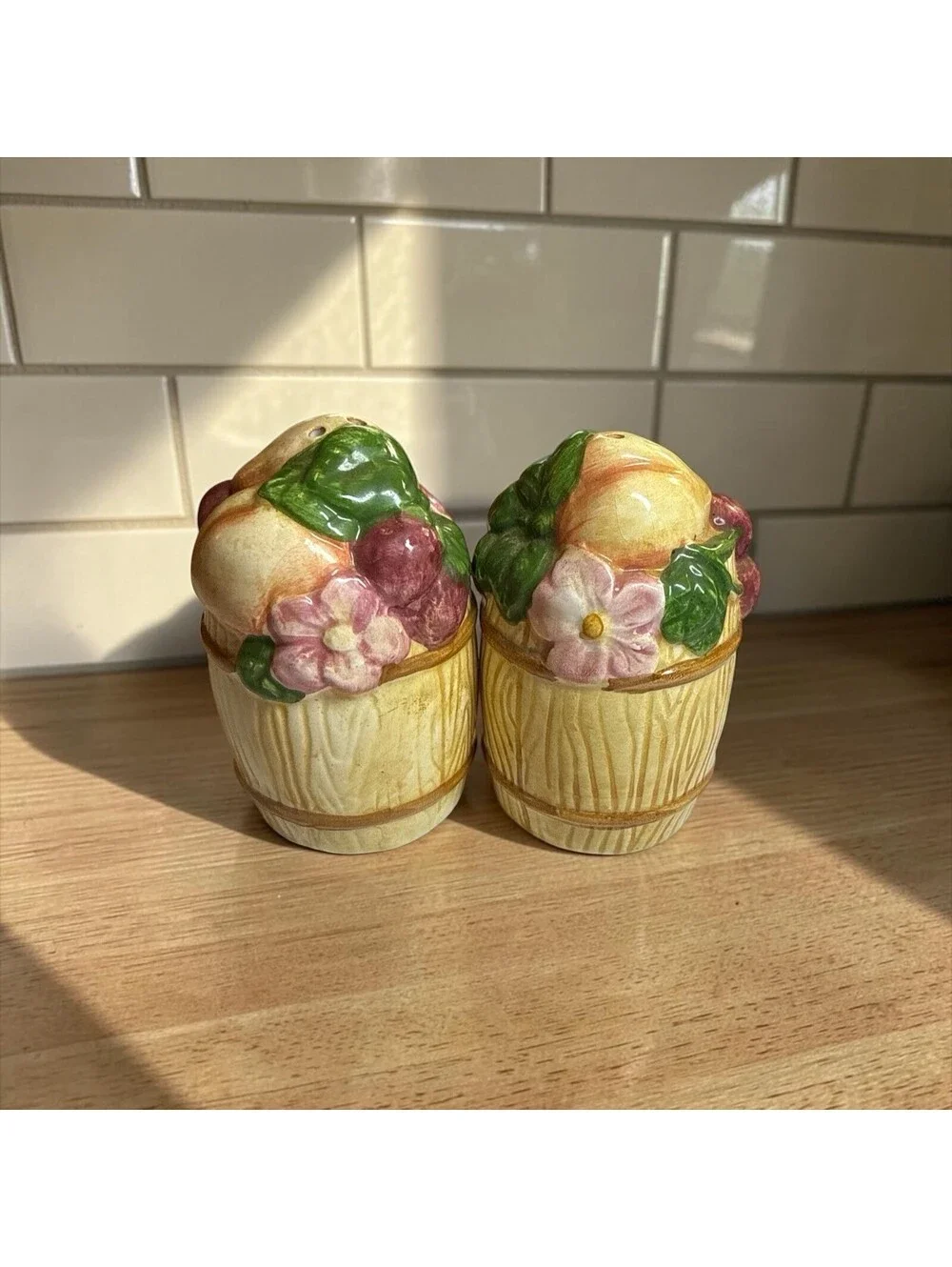 Wang's Fruit Barrel Strawberry Peach Cherry Blossoms Salt Pepper Shakers Set